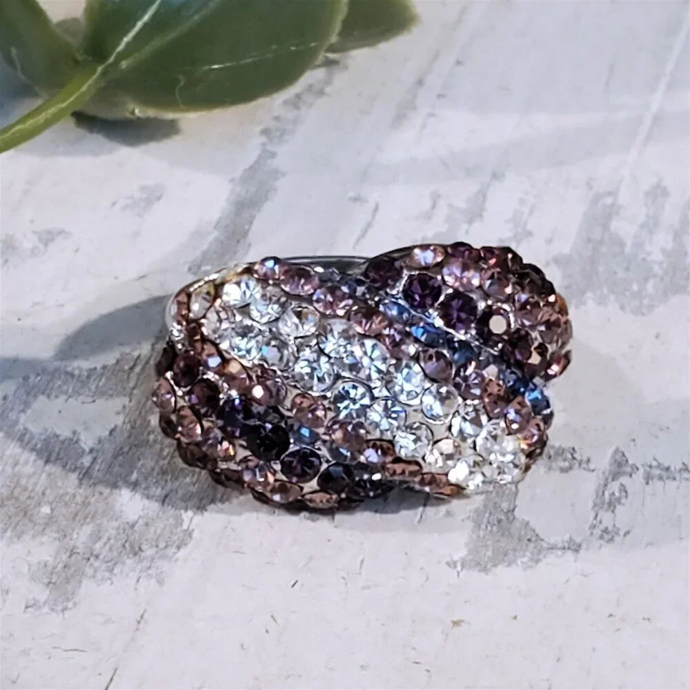 Purple Clear Glam Czech Rhinestones Crystals Cocktail Ring